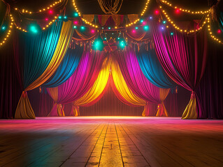 Poster - Vibrant circus stage with colorful lighting and drapes in the evening