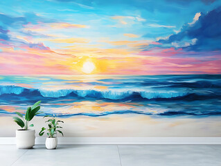 Aufkleber - Vibrant sunrise seascape: abstract coastal wallpaper with blue sky and sea