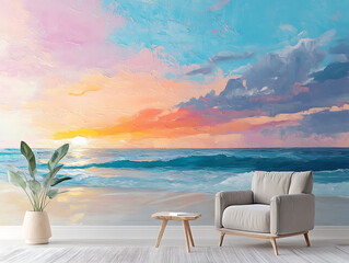 Poster - Vibrant sunrise seascape: abstract coastal wallpaper with blue sky and sea
