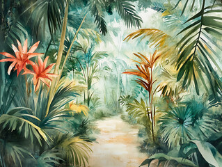 Aufkleber - Wallpaper in watercolor style, jungle landscape