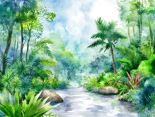 Aufkleber - Wallpaper in watercolor style, jungle landscape