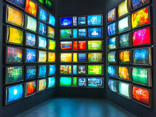 Poster - Wall of televisions displaying various colorful broadcasts