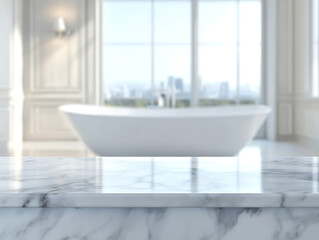 Aufkleber - White bathroom interior, empty marble table top for product display with blurred bathroom interior background