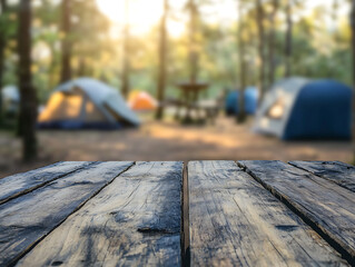 Poster - Wood table and blurred camping and tents in forest