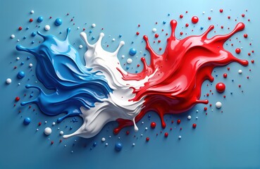 Leinwandbilder - Abstract illustration shows vibrant red white, blue paint splatter. Fluid motion creates dynamic pattern against bright blue backdrop. Colorful pigment mix forms artistic design with many splatter