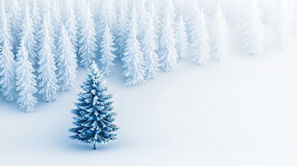 Wall Mural -   A snow-covered pine tree stands tall in a white winter forest, surrounded by blue sky above