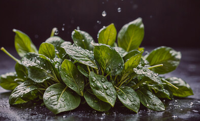 Aufkleber - Bunch of green leaves with water droplets on them. The leaves are on a black surface