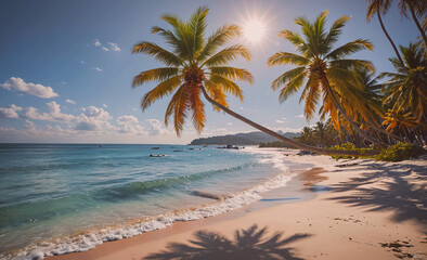 Poster - Palm tree is on the beach with the ocean in the background. The palm tree is on the left side of the image
