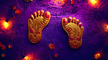 Wall Mural - Stylized Lakshmi Footprints in Gold and Red on Rich Purple Background for Festive Decor and Celebrations