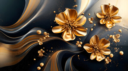 Wall Mural - Golden 3D flowers on a liquid black and gold gray and white background.