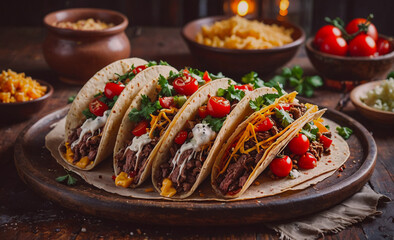 Poster - Plate of five tacos with cheese and tomatoes. The tacos are on a wooden table. There are bowls of food on the table as well