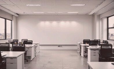 Poster - Large open office space with a white board on the wall. There are several desks with chairs and a computer on each desk