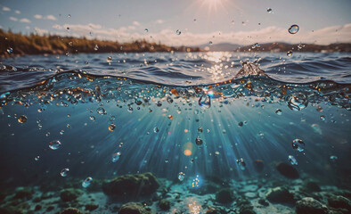 Poster - Body of water with a lot of bubbles. The bubbles are in the water and the sun is shining on them