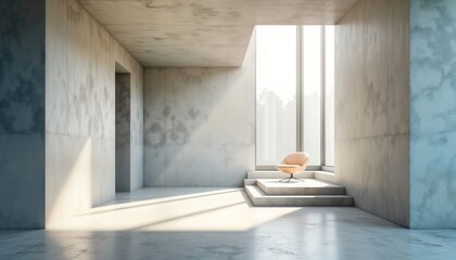 Poster - Empty modern interior hallway with concrete walls, floor. Natural light from large windows, skylight illuminates space. Modern design concept. Empty room with contemporary chair on concrete platform.