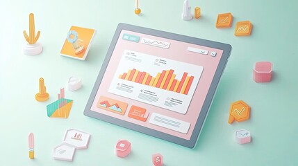 Poster - Modern Digital Dashboard Displaying Colorful Data Visualizations and Graphs on a Tablet Surrounded by Business Icons and Illustrations in a Minimalist Setting