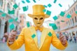 © Eugen - A magician in a gold mask dazzles the crowd with a card trick using green cards, set against a lively carnival square