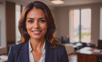 Poster - Woman is smiling and wearing a suit. She is standing in front of a window. There are two chairs in the room