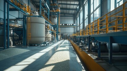 Poster - Modern Industrial Factory Interior with Large Machinery, Equipment, and Bright Sunlight Streaming Through Windows, Highlighting an Efficient Production Process