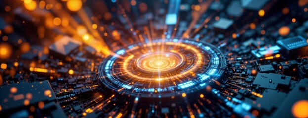 Fototapete - Abstract tech background. Luminous particles create dynamic pattern. Glow effect. Circular tech design. Modern art piece. Dynamic communication concept. Future tech. Digital network. Business concept