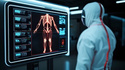 Poster - A futuristic scene shows a figure in a hooded suit analyzing an advanced holographic display of a human skeleton and anatomical data.