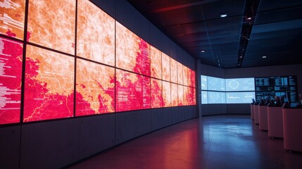 Poster - A modern room featuring large digital displays showcasing vibrant visual data in red and blue tones, creating an immersive technological environment.