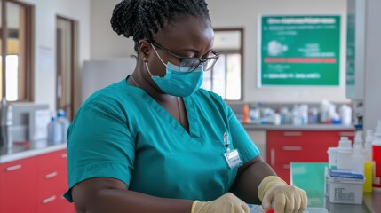 Poster - A healthcare professional in scrubs prepares samples in a lab, demonstrating precision and safety with gloves and a mask.