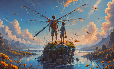 Fototapete - Boy and a girl are standing on a rock in front of a body of water. The girl is holding a backpack