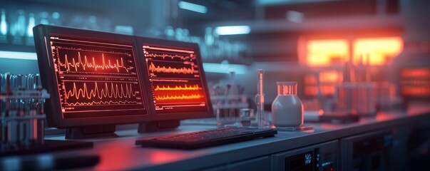 Poster - A high-tech laboratory setting featuring glowing monitors displaying data, surrounded by scientific equipment and glassware, creating a vibrant, futuristic atmosphere.