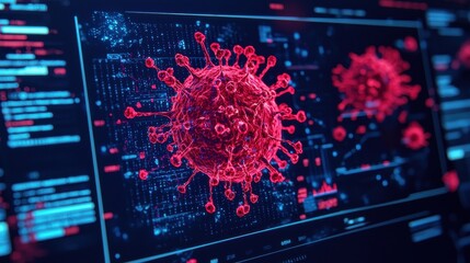 Poster - A digital representation of the coronavirus, highlighted in red on a dark background, surrounded by data and coding elements, illustrating its complex structure.