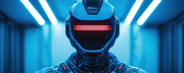 Poster - A sleek, futuristic robot with a glowing red visor stands in a corridor illuminated by blue lights, conveying a sci-fi aesthetic.