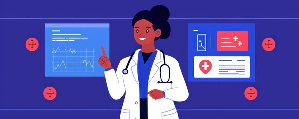 Poster - A confident female doctor presents medical information with digital displays in a vibrant, modern healthcare setting.
