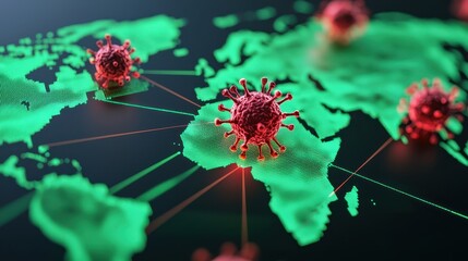 Poster - A digital map highlights global COVID-19 spread, showcasing virus icons overlaid on a green representation of Africa and connections between locations.