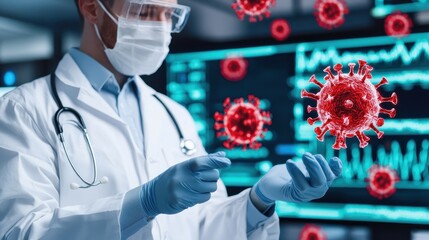 Poster - A healthcare professional analyzes data related to viruses, showcasing a blend of technology and medical research in a laboratory environment.
