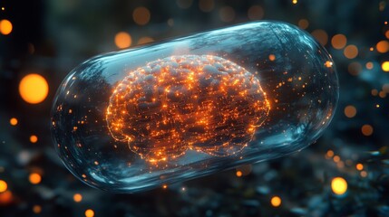 Poster - Futuristic concept of a glowing brain encapsulated in a clear structure within a digital landscape