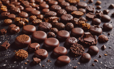 Aufkleber - Bunch of chocolate candies are on a black surface. Some of them are broken. There are many different shapes and sizes of the candies