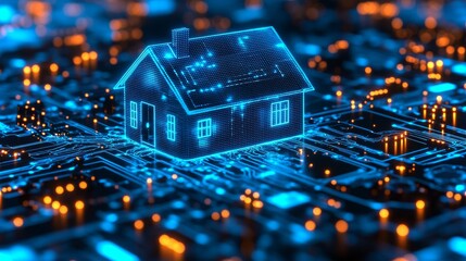 Poster - Central house icon with glowing blue lights in a digital circuitry environment during nighttime