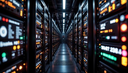 Aufkleber - Modern tech server room. Many computer servers in racks. Network hardware, equipment. Digital tech future concept. Data center. Advanced computing infrastructure. Communication systems. Global
