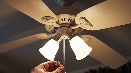 Hand Pulling Chain of Ceiling Fan with Light Fixtures On