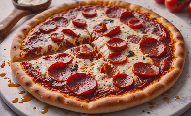 Poster - Pepperoni pizza with a slice missing. The pizza is on a white plate. There is a spoon on the right side of the plate