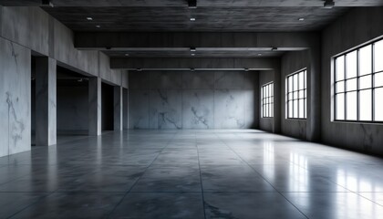 Aufkleber - Spacious empty concrete room. Modern architecture. Long hallway with large windows. Light floods the area. Clean design. Empty interior. Suitable background for architectural projects.