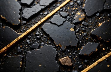 Luxury abstract background design. Black, gold colors with cracked texture. Golden lines across black surface. Water droplets create wet look. Modern, elegant design. Suitable for wallpaper banner.