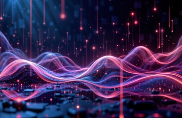 Aufkleber - Abstract futuristic illustration shows glowing particles forming wavy shapes. Dynamic flow of data, energy. Modern design with vibrant colors. Concept for tech background. Digital wave pattern. 3D