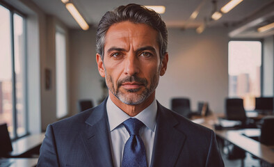 Poster - Man wearing a suit and tie is standing in front of a window. He is looking directly at the camera