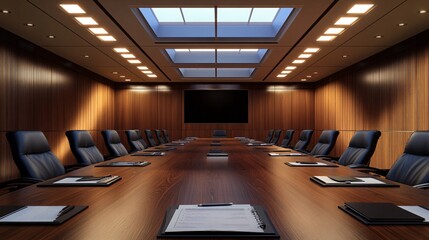 Close-up of an empty meeting room table with a city skyline in the background, sunrise shining through the windows,