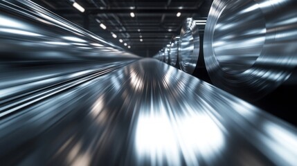 Aufkleber - In a dynamic industrial workspace, polished metal rolls gleam under bright overhead lights, showcasing intricate reflections and a play of motion. A striking visual experience unfolds