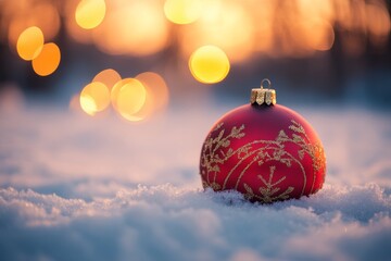 Wall Mural - A red Christmas ornament with gold patterns nestled in snow surrounded by warm, glowing bokeh lights during the holiday season