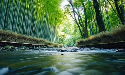 Wall Mural - A serene bamboo forest with a flowing stream, showcasing natural beauty and tranquility.