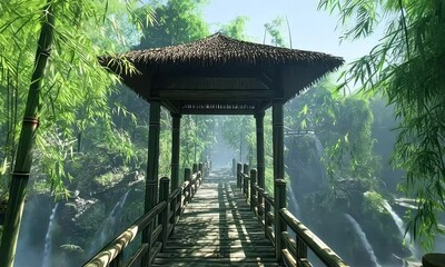 Wall Mural - A serene bamboo pathway leads to a thatched pavilion, surrounded by lush greenery and cascading waterfalls, evoking tranquility and nature's beauty.