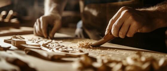 Wall Mural - An intimate shot of craftsmen in a woodworking workshop, carving intricate designs on bespoke furniture pieces, Woodworking studio scene