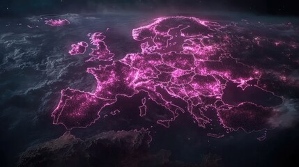 Poster - Illuminated Map of Europe with Neon Pink Glow Against Dark Background